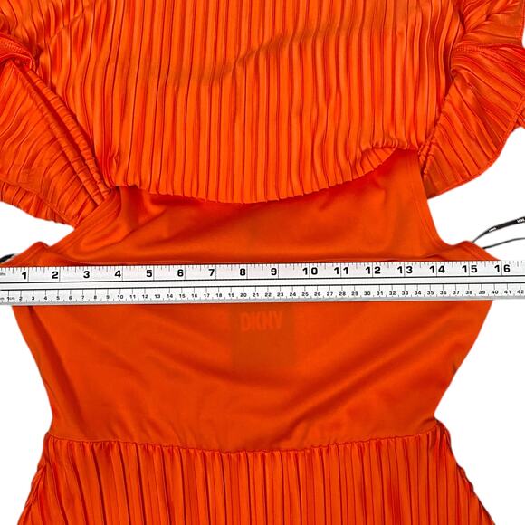 DKNY $129 NWT Orange Pleated Side Tie Overlay Flared Mini Dress SZ 2 - Picture 7 of 10
